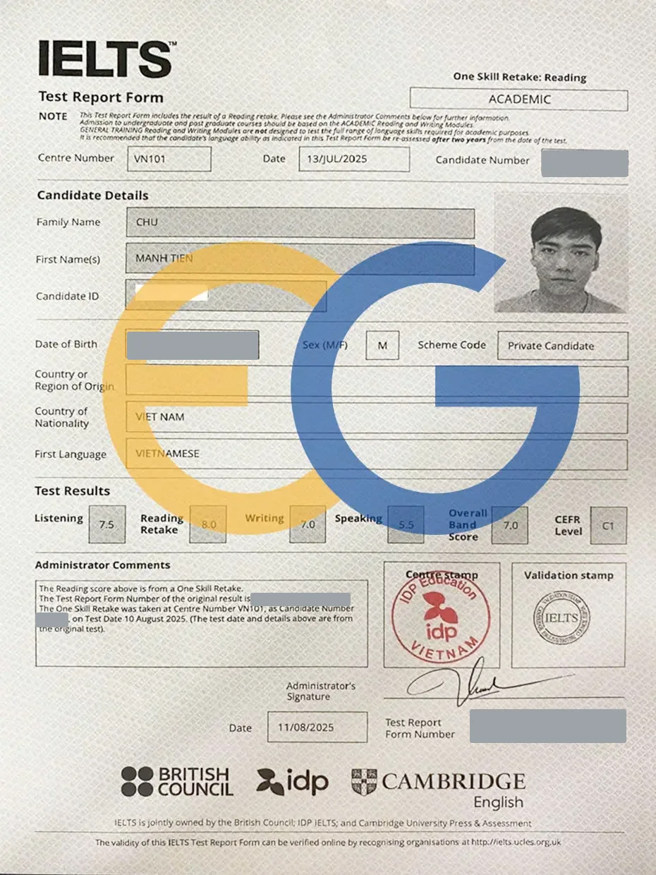 Bảng điểm IELTS 7.0 của Mạnh Tiến