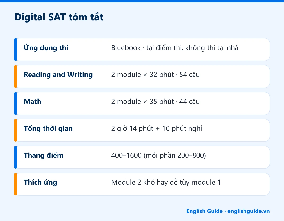 Digital SAT tóm tắt: Ứng dụng thi – Bluebook · tại điểm thi, không thi tại nhà; Reading and Writing – 2 module × 32 phút · 54 câu; Math – 2 module × 35 phút · 44 câu; Tổng thời gian – 2 giờ 14 phút + 10 phút nghỉ; Thang điểm – 400–1600 (mỗi phần 200–800); Thích ứng – Module 2 khó hay dễ tùy module 1