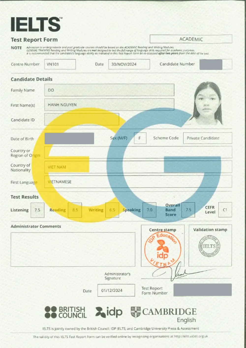 Bảng điểm IELTS 7.5 của Hạnh Nguyên