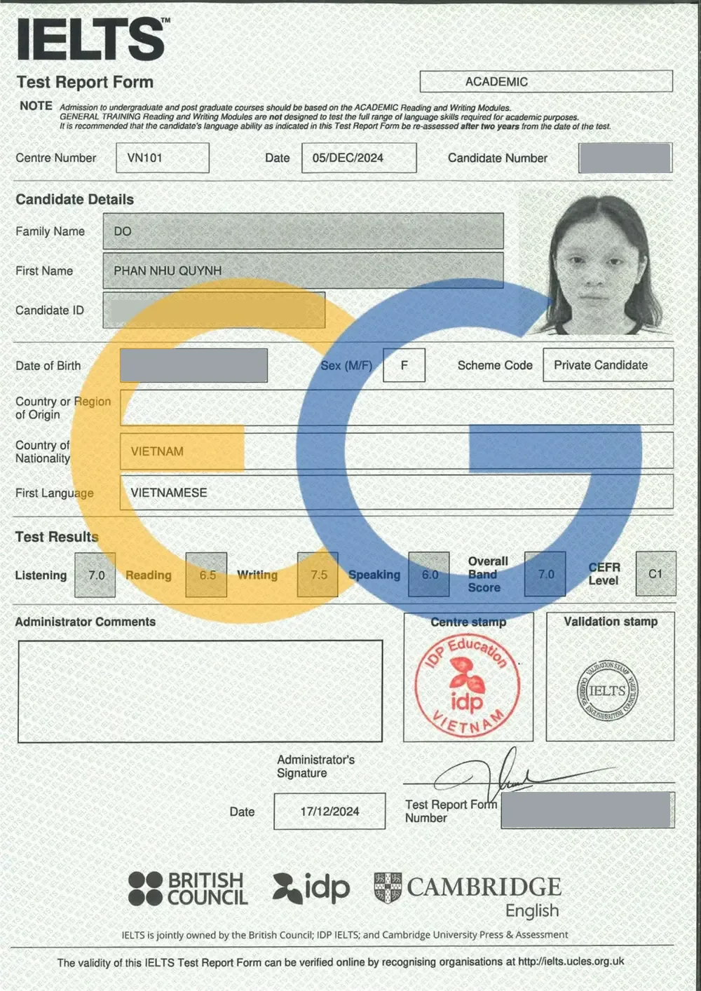 Bảng điểm IELTS 7.0 của Như Quỳnh