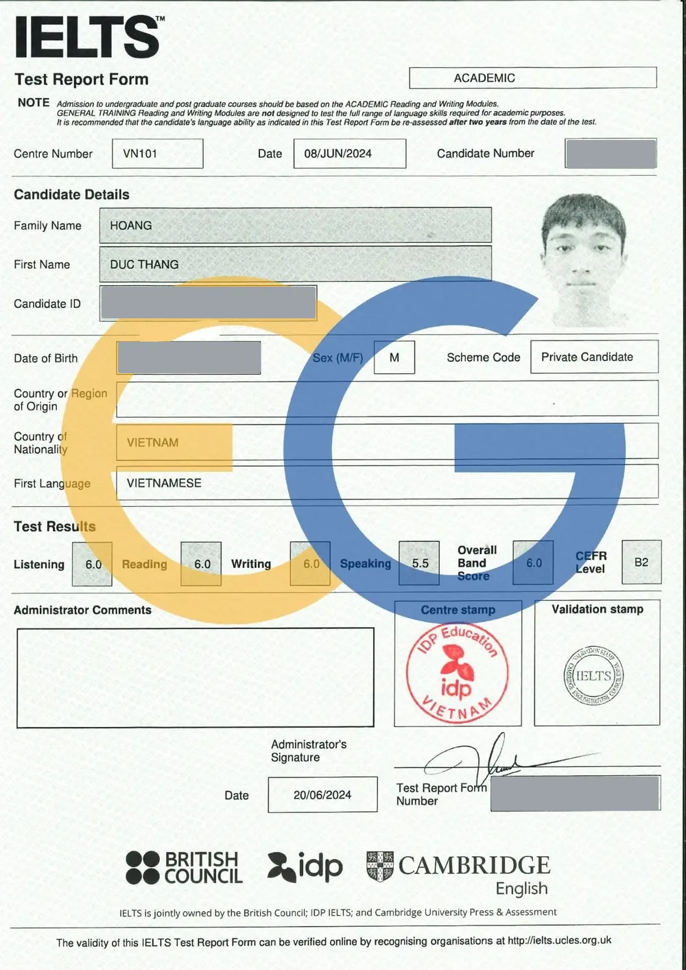 Bảng điểm IELTS 6.0 của Thắng