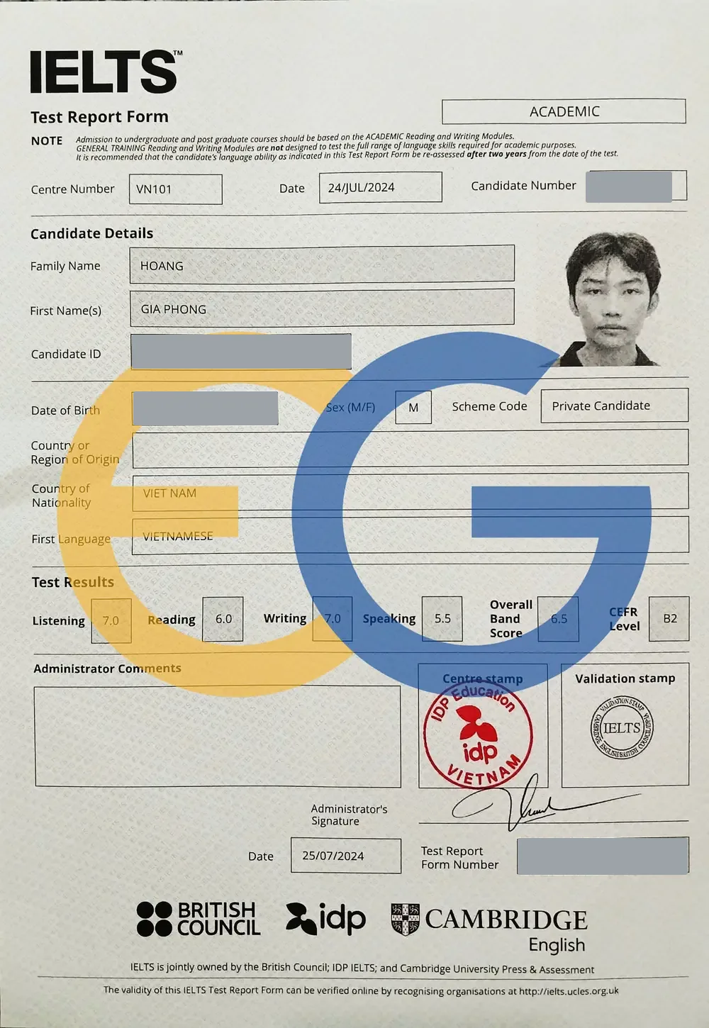 Bảng điểm IELTS 6.5 của Gia Phong
