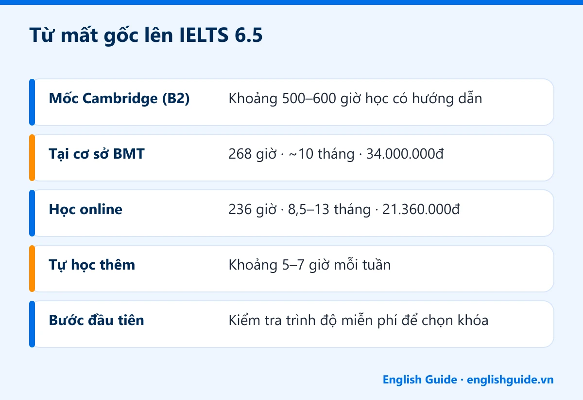 Từ mất gốc lên IELTS 6.5: Mốc Cambridge (B2) – Khoảng 500–600 giờ học có hướng dẫn; Tại cơ sở BMT – 268 giờ · ~10 tháng · 34.000.000đ; Học online – 236 giờ · 8,5–13 tháng · 21.360.000đ; Tự học thêm – Khoảng 5–7 giờ mỗi tuần; Bước đầu tiên – Kiểm tra trình độ miễn phí để chọn khóa