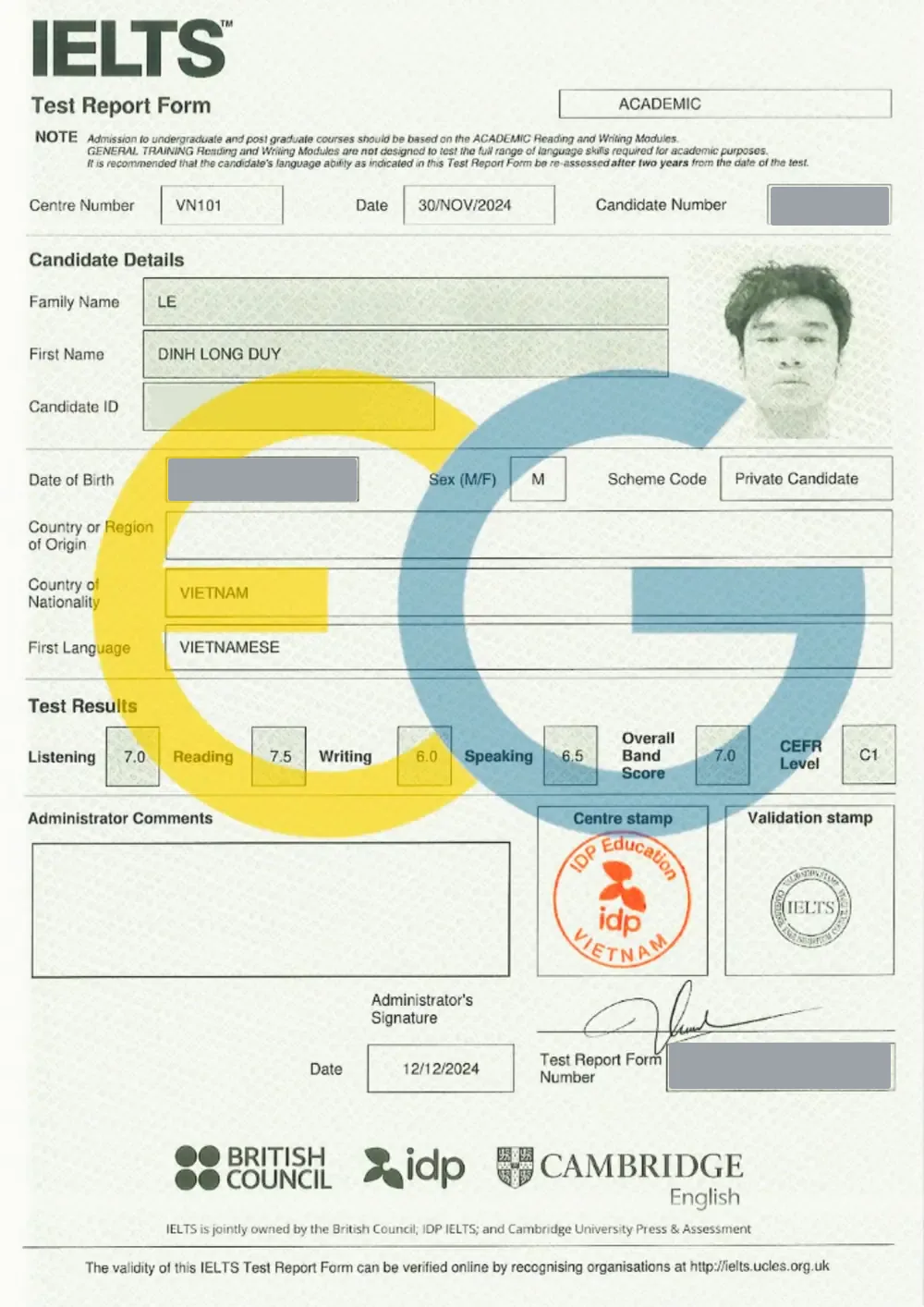 Bảng điểm IELTS 7.0 của Long Duy