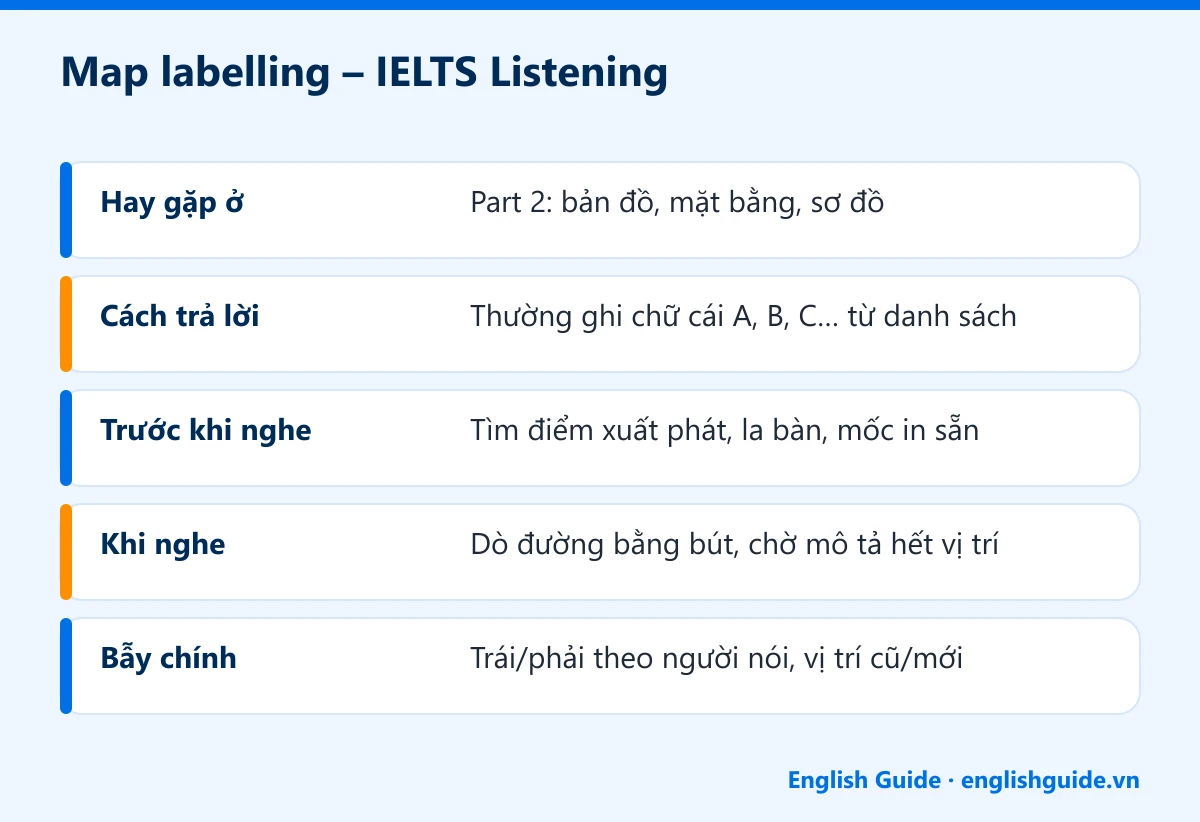 Map labelling – IELTS Listening: Hay gặp ở – Part 2: bản đồ, mặt bằng, sơ đồ; Cách trả lời – Thường ghi chữ cái A, B, C… từ danh sách; Trước khi nghe – Tìm điểm xuất phát, la bàn, mốc in sẵn; Khi nghe – Dò đường bằng bút, chờ mô tả hết vị trí; Bẫy chính – Trái/phải theo người nói, vị trí cũ/mới