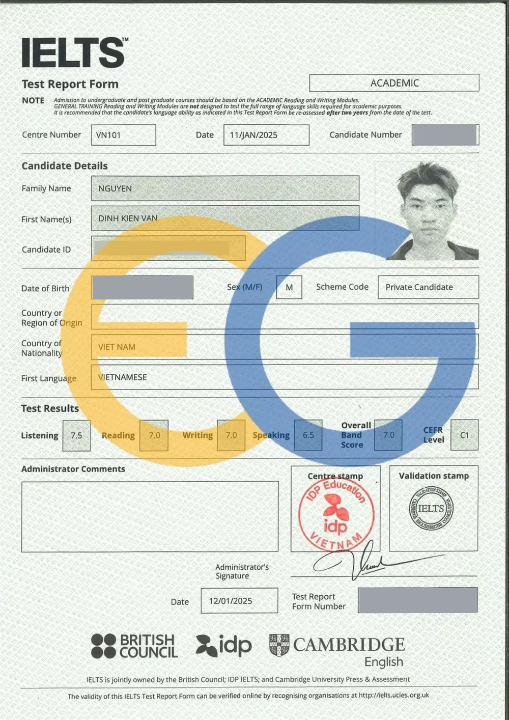 Bảng điểm IELTS 7.0 của Kiến Văn