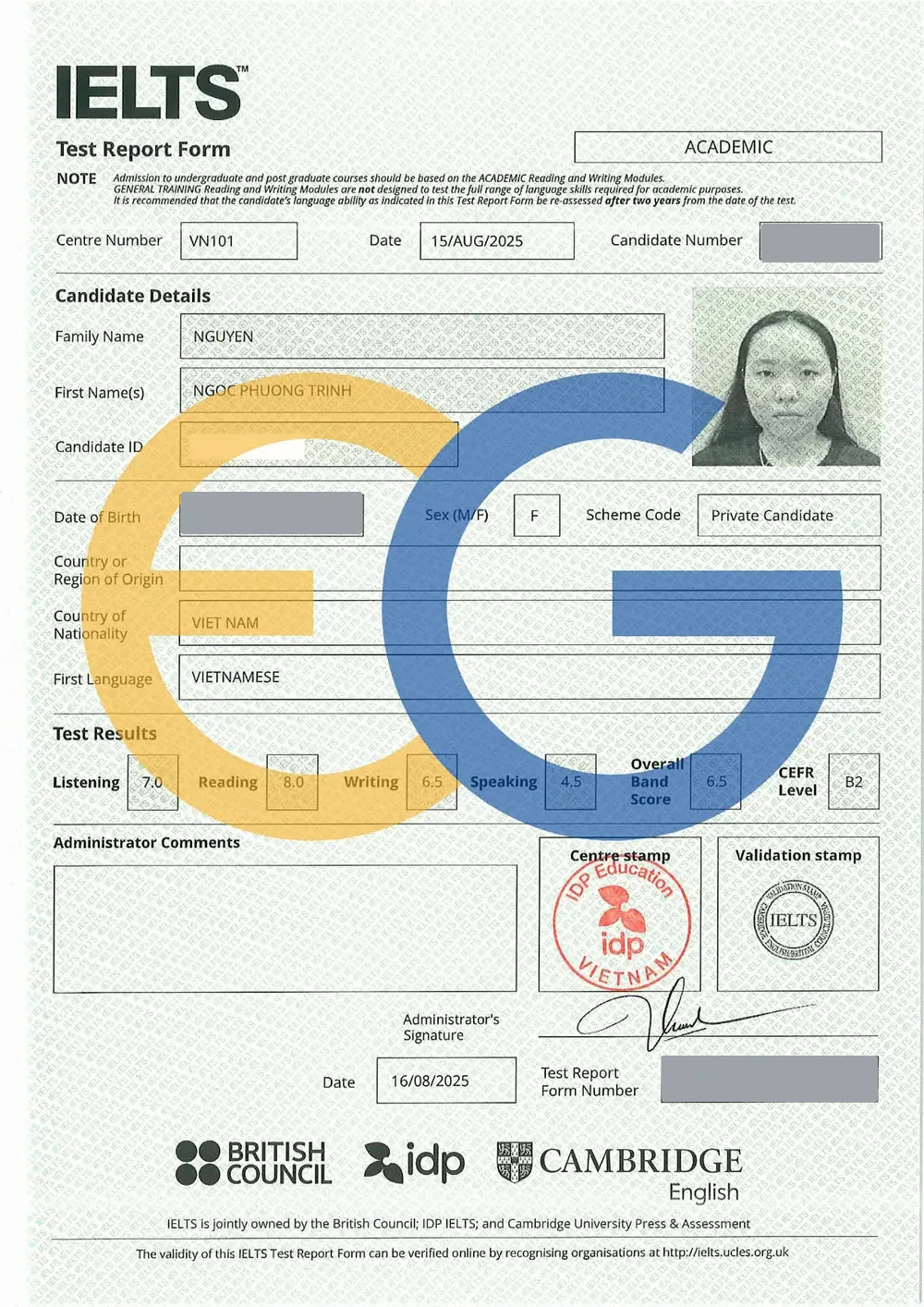 Bảng điểm IELTS 6.5 của Phương Trinh