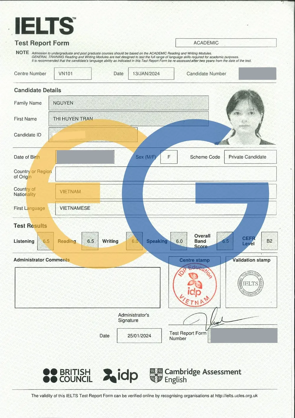 Bảng điểm IELTS 6.5 của Huyền Trân