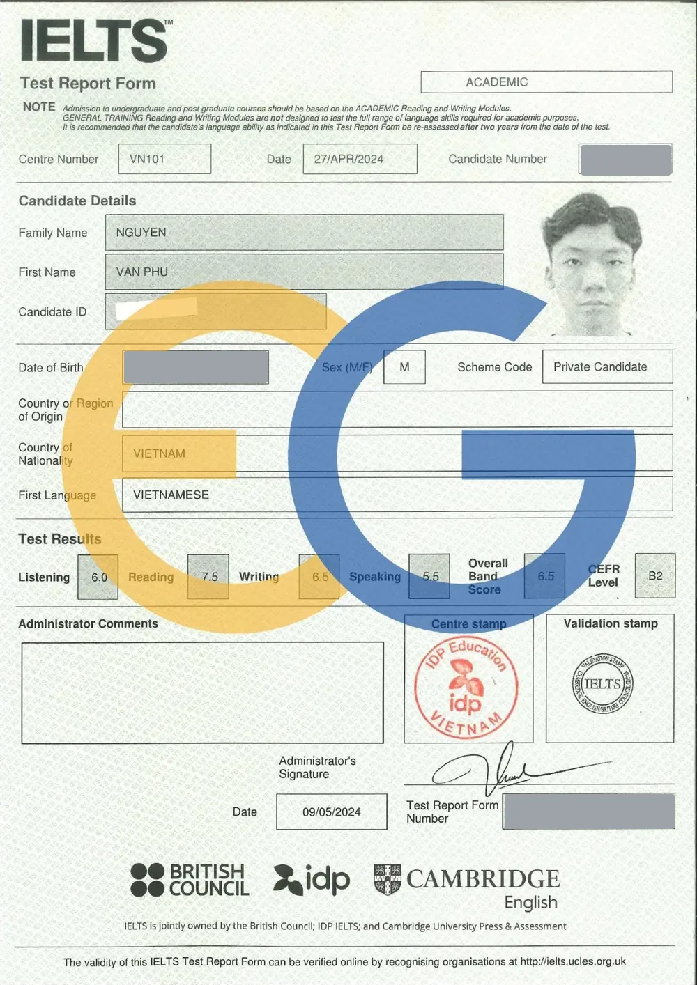 Bảng điểm IELTS 6.5 của Văn Phú