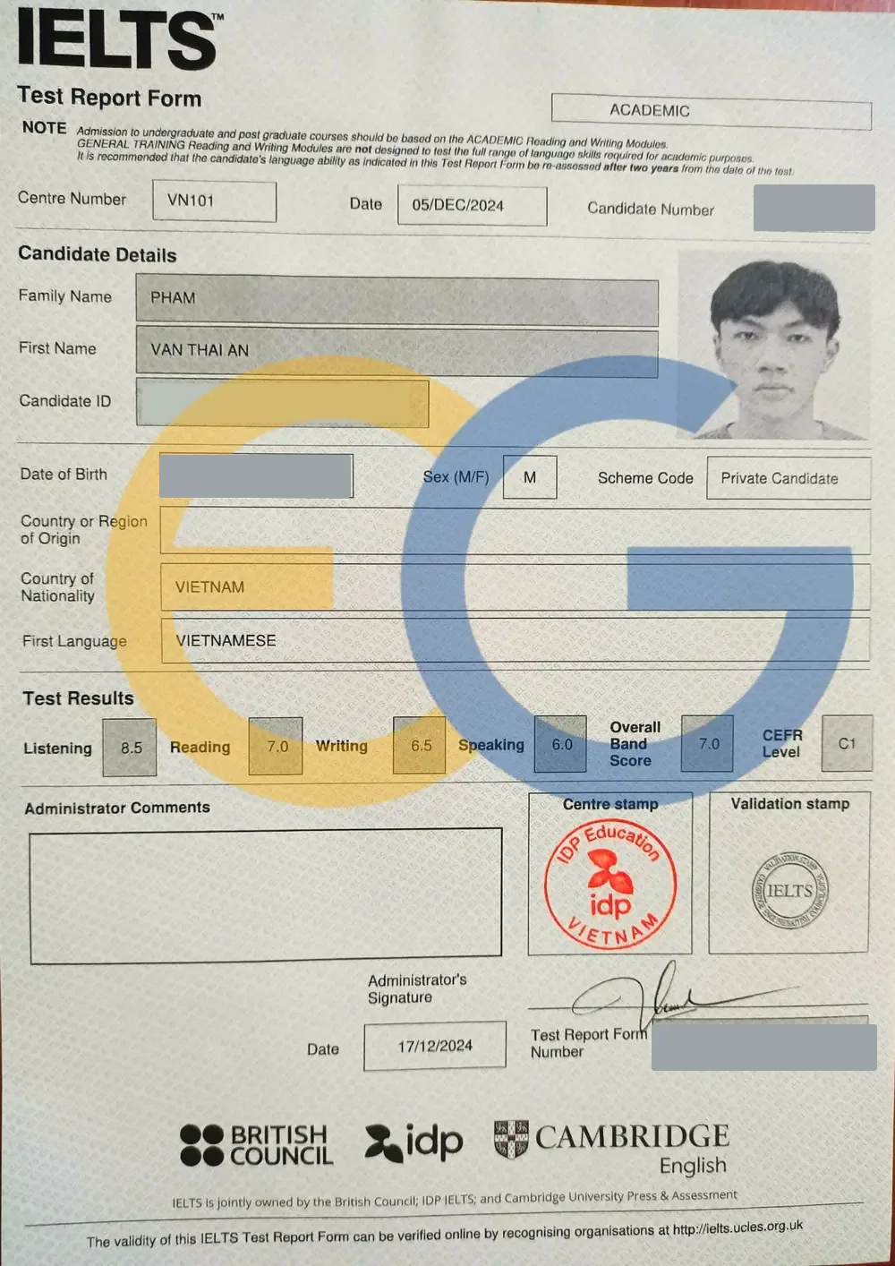 Bảng điểm IELTS 7.0 của Thái An