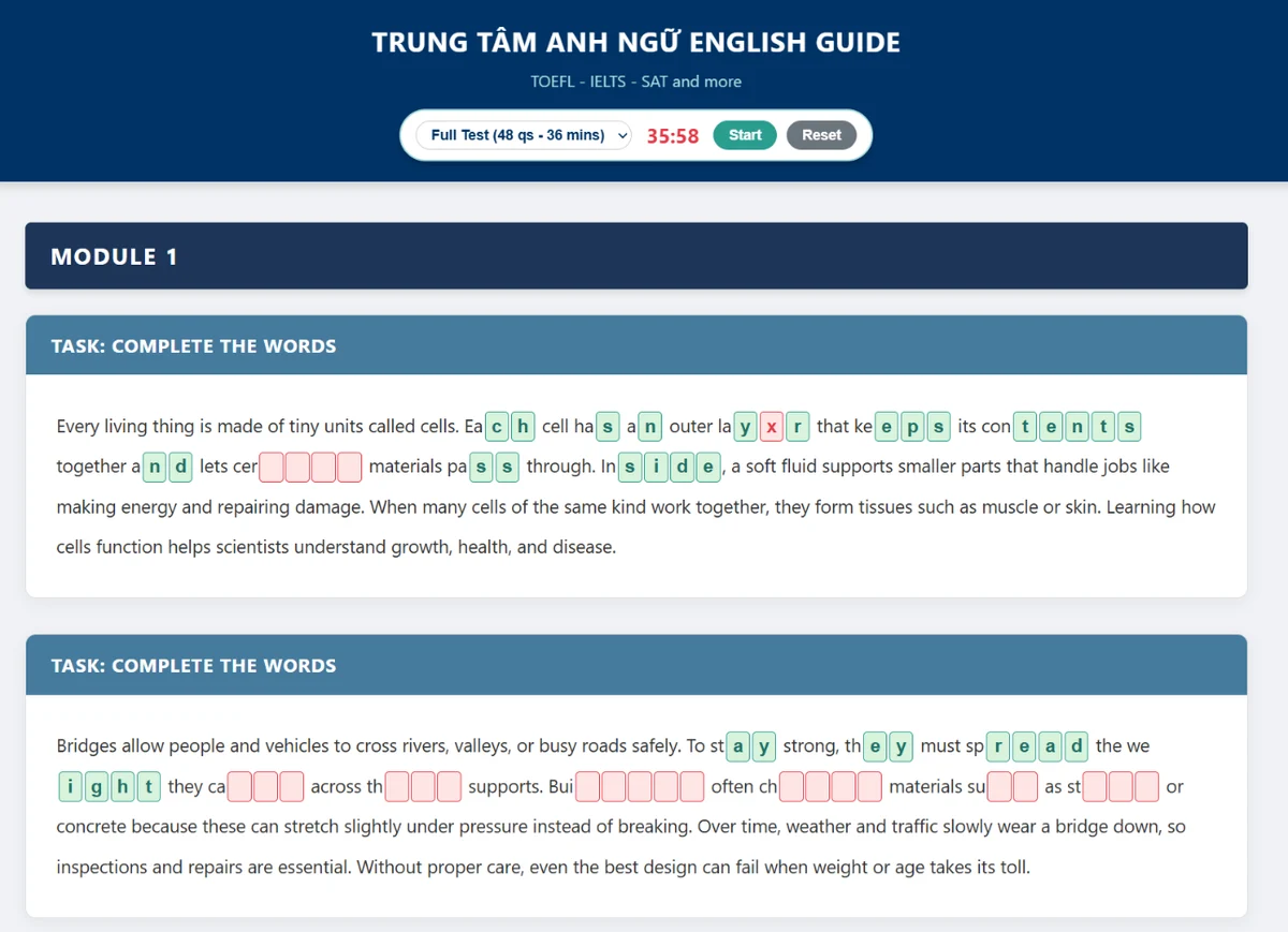 Phần Complete the Words sau khi chấm điểm: chữ đúng tô xanh, chữ sai và ô bỏ trống tô đỏ
