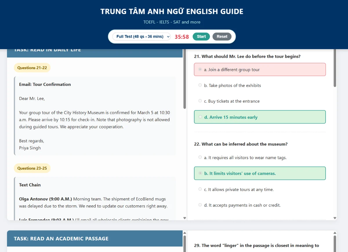 Dạng Read in Daily Life: email bên trái, câu hỏi trắc nghiệm bên phải; sau khi chấm, đáp án đúng tô xanh, đáp án chọn sai tô đỏ