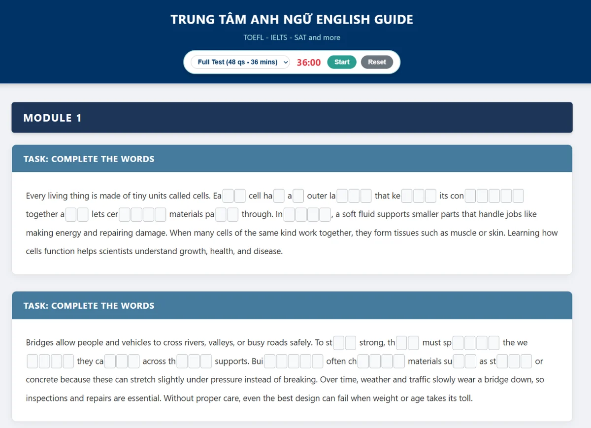 Giao diện đề TOEFL Reading Test 1 của English Guide mở trên trình duyệt: đồng hồ 36 phút, nút Start, Reset và các ô điền chữ của dạng Complete the Words