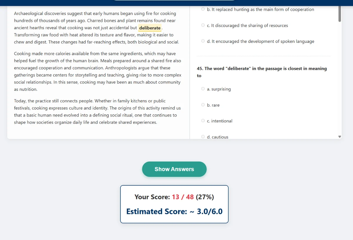 Ô kết quả cuối đề TOEFL Reading: Your Score 13/48 và Estimated Score khoảng 3.0/6.0, cùng nút Show Answers