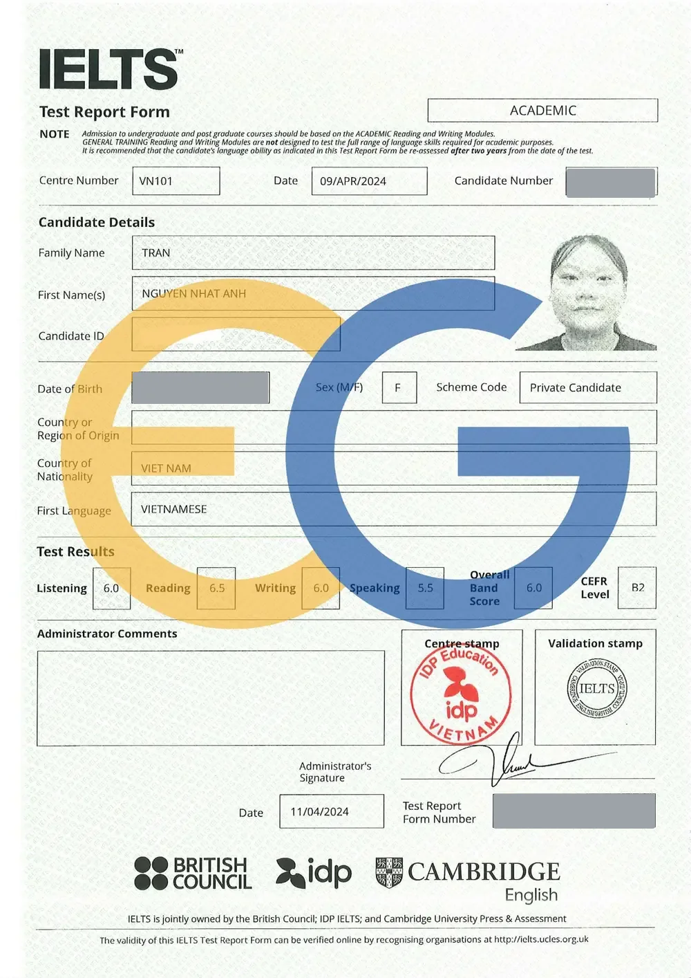 Bảng điểm IELTS 6.0 của Nhật Anh