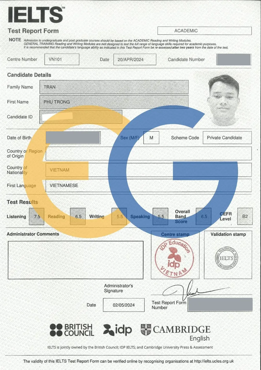 Bảng điểm IELTS 6.5 của Phú Trọng
