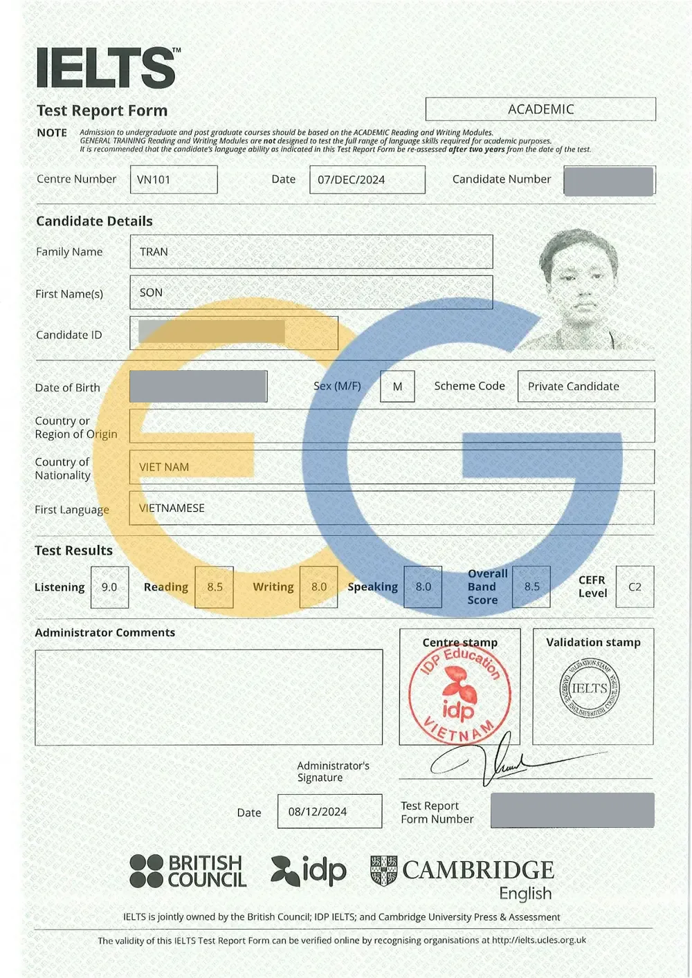Bảng điểm IELTS 8.5 của Trần Sơn