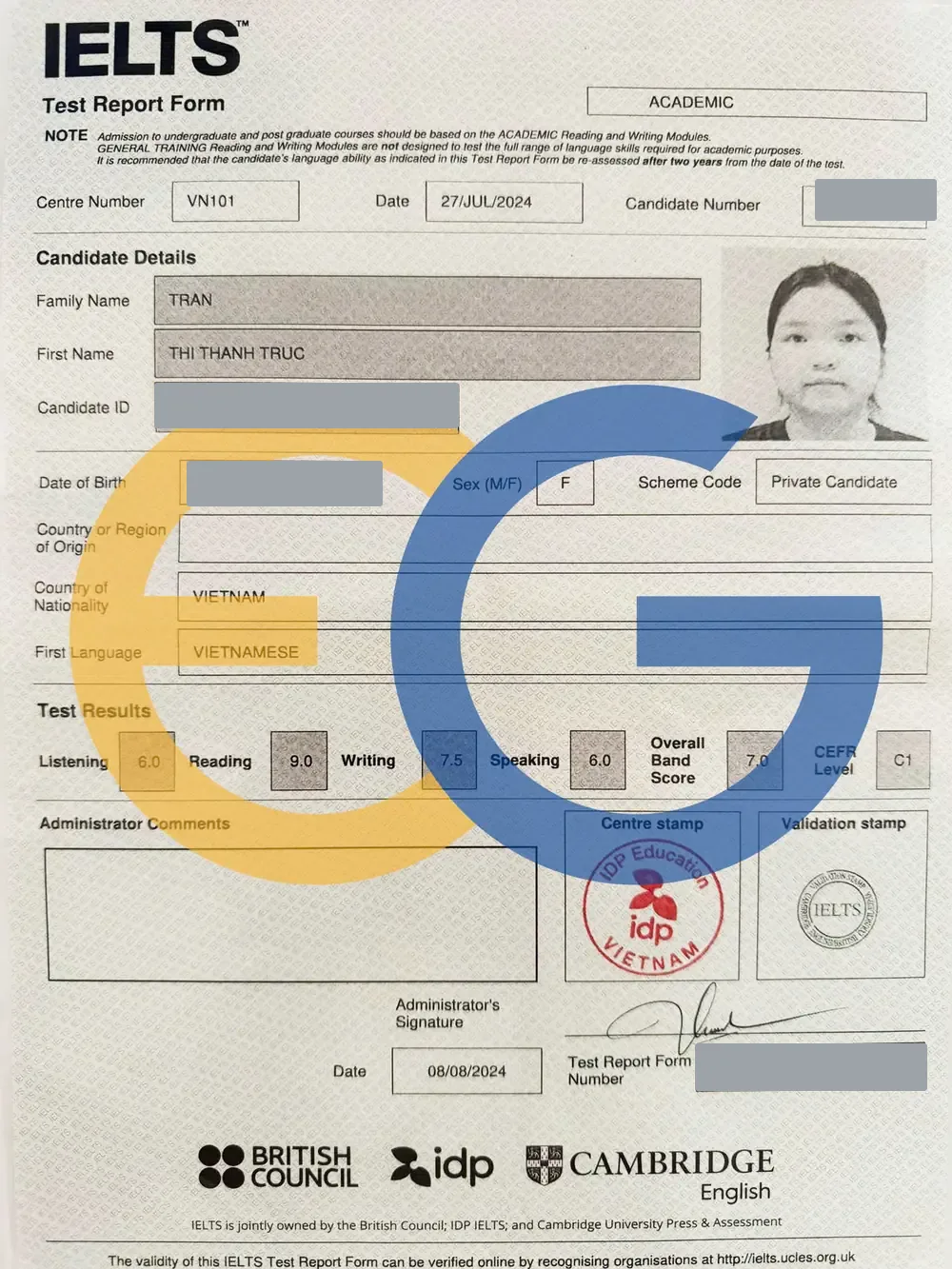 Bảng điểm IELTS 7.0 của Thanh Trúc