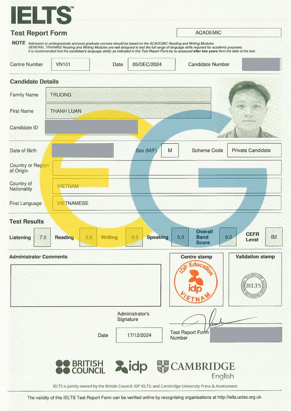 Bảng điểm IELTS 6.0 của Thành Luân
