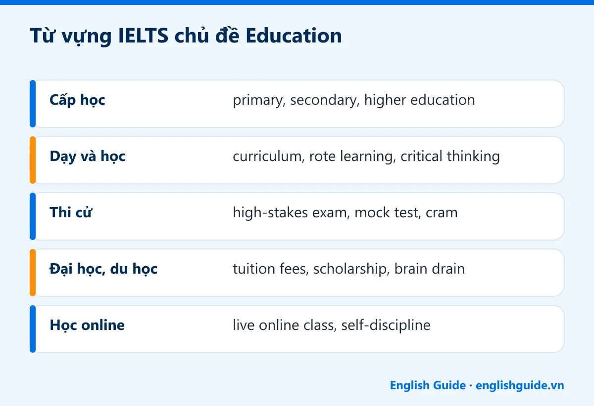 Từ vựng IELTS chủ đề Education: Cấp học – primary, secondary, higher education; Dạy và học – curriculum, rote learning, critical thinking; Thi cử – high-stakes exam, mock test, cram; Đại học, du học – tuition fees, scholarship, brain drain; Học online – live online class, self-discipline