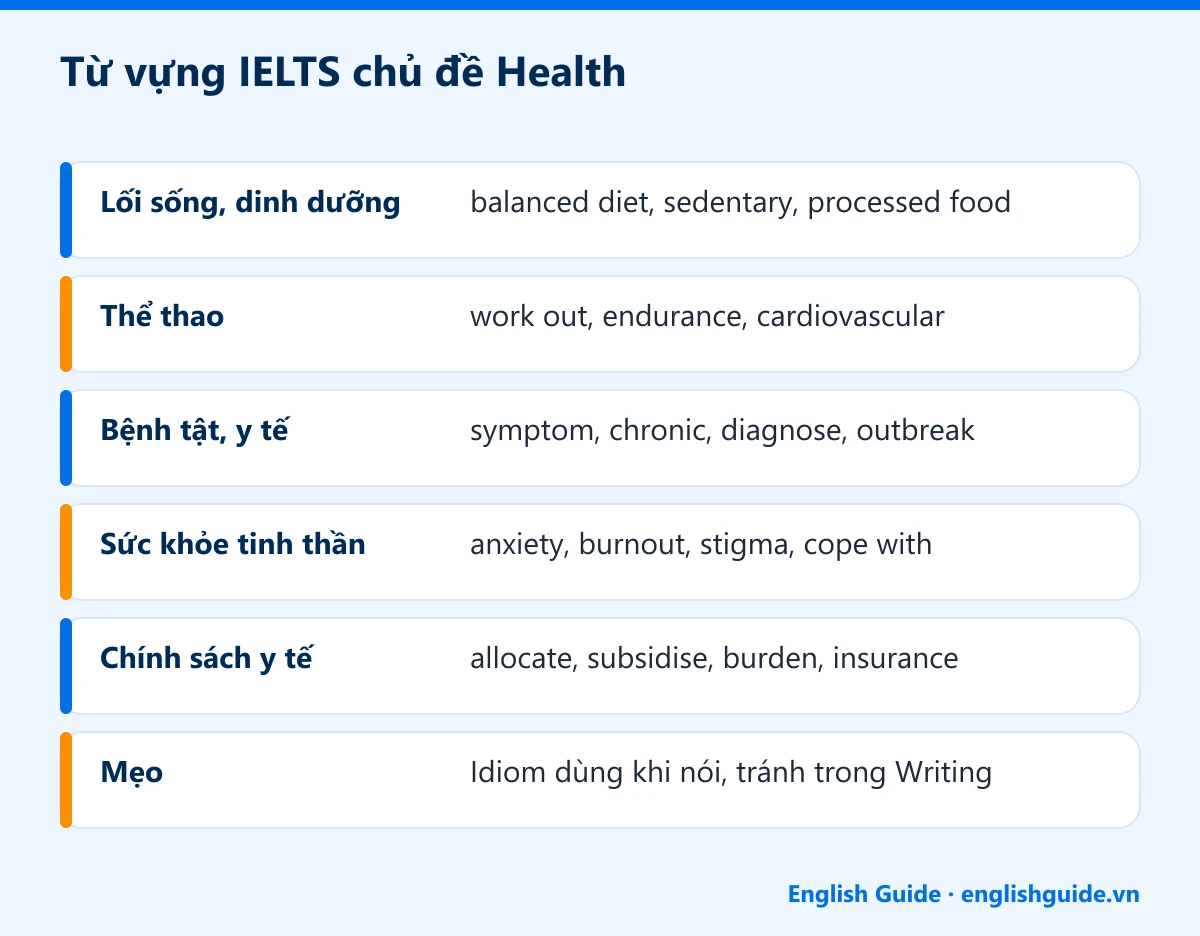 Từ vựng IELTS chủ đề Health: Lối sống, dinh dưỡng – balanced diet, sedentary, processed food; Thể thao – work out, endurance, cardiovascular; Bệnh tật, y tế – symptom, chronic, diagnose, outbreak; Sức khỏe tinh thần – anxiety, burnout, stigma, cope with; Chính sách y tế – allocate, subsidise, burden, insurance; Mẹo – Idiom dùng khi nói, tránh trong Writing