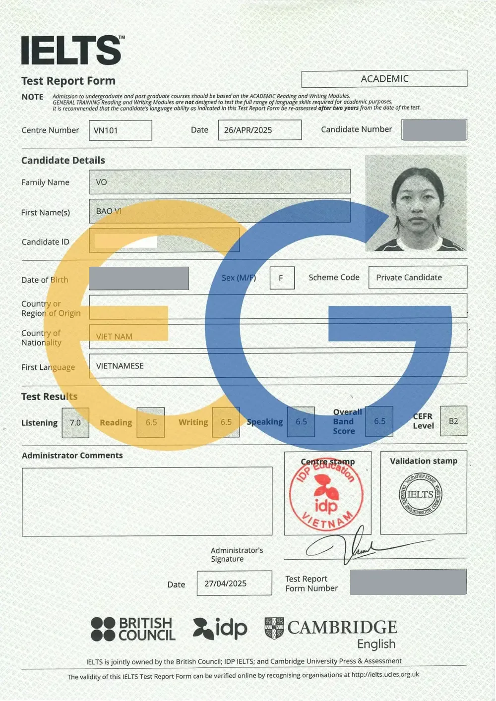 Bảng điểm IELTS 6.5 của Bảo Vi