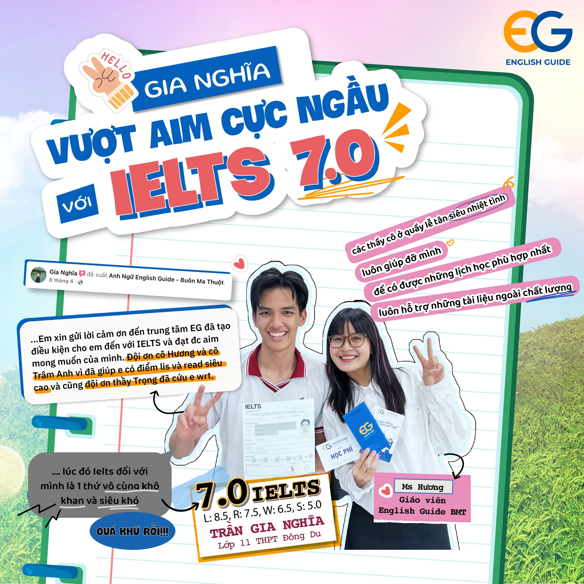 học viên Trần Gia Nghĩa sau quá trình học tại English Guide đã đạt điểm mục tiêu 7.0 IELTS